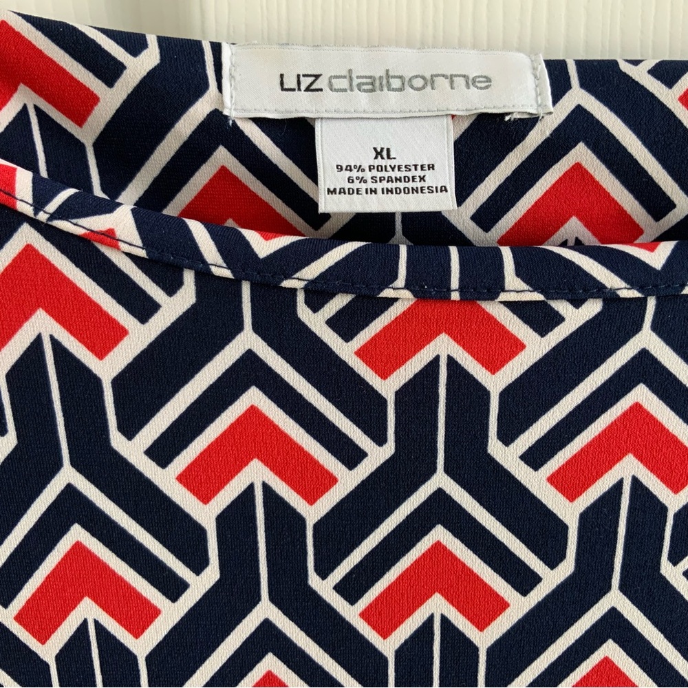 Liz Claiborne Dress XL Midi, Red White Blue Geometric Design, 3/4 Sleeves. - Picture 2 of 9